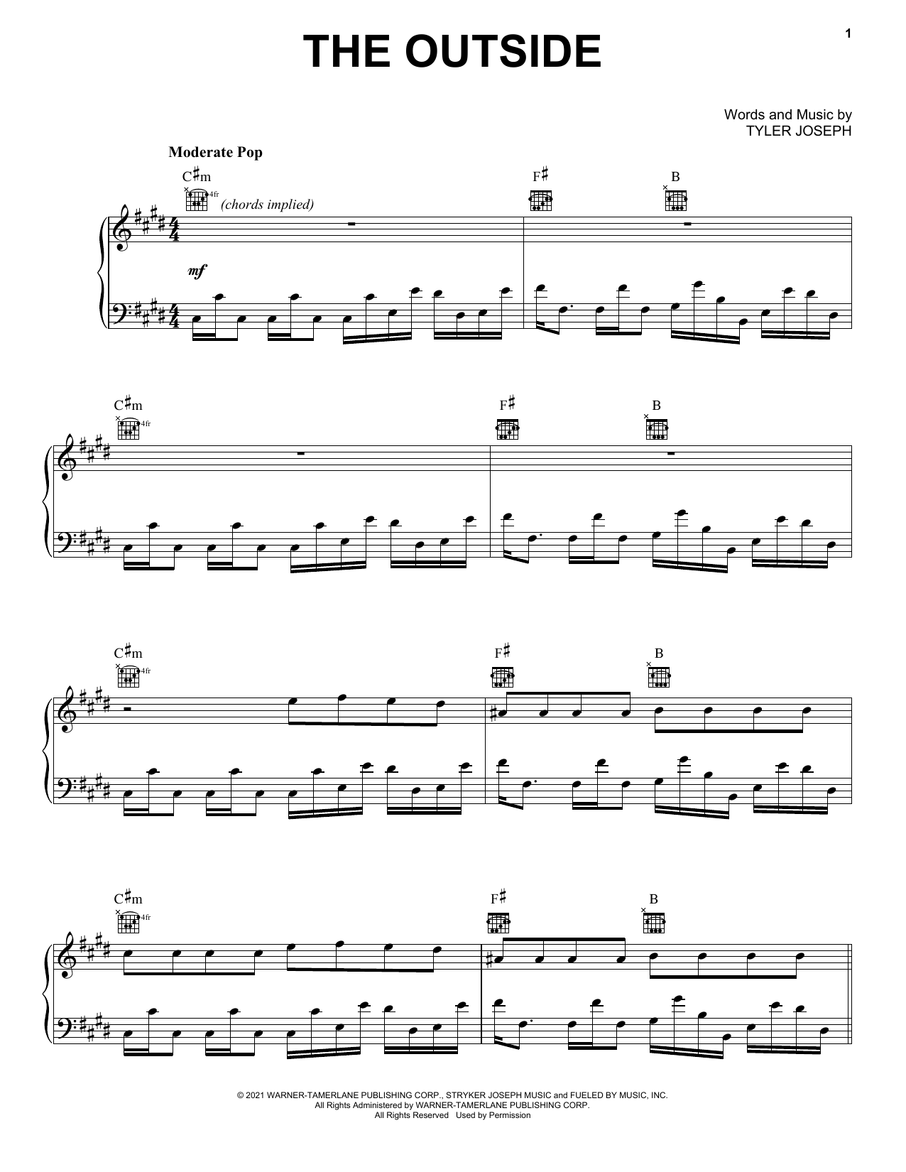 Download Twenty One Pilots The Outside Sheet Music and learn how to play Piano, Vocal & Guitar Chords (Right-Hand Melody) PDF digital score in minutes