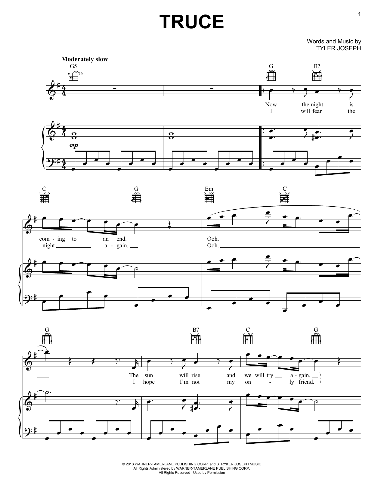 Download Twenty One Pilots Truce Sheet Music and learn how to play Piano, Vocal & Guitar Chords (Right-Hand Melody) PDF digital score in minutes