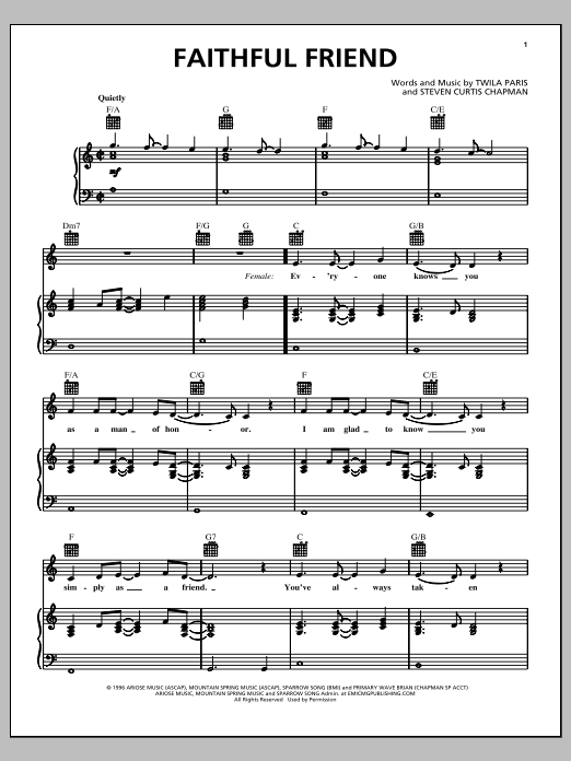 Download Twila Paris & Steven Curtis Chapman Faithful Friend Sheet Music and learn how to play Piano, Vocal & Guitar (Right-Hand Melody) PDF digital score in minutes