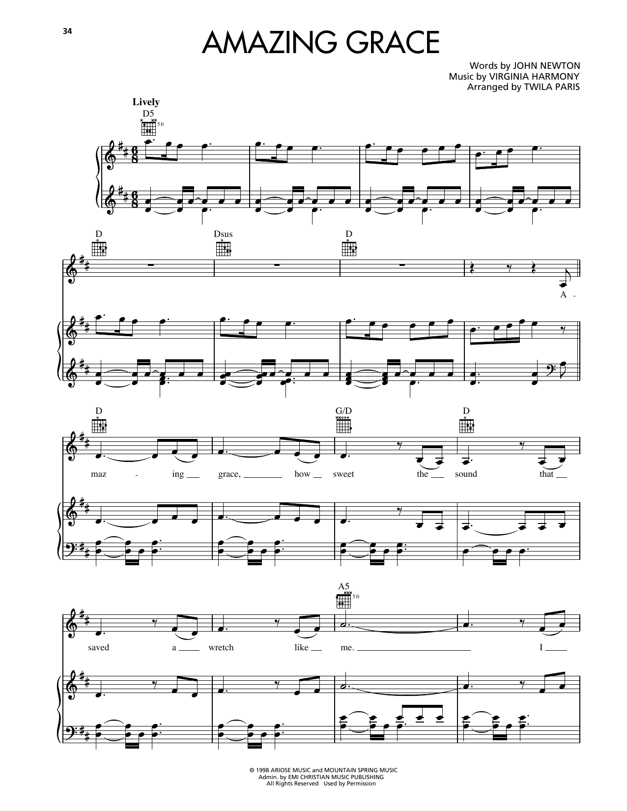 Download Twila Paris Amazing Grace Sheet Music and learn how to play Piano, Vocal & Guitar Chords (Right-Hand Melody) PDF digital score in minutes