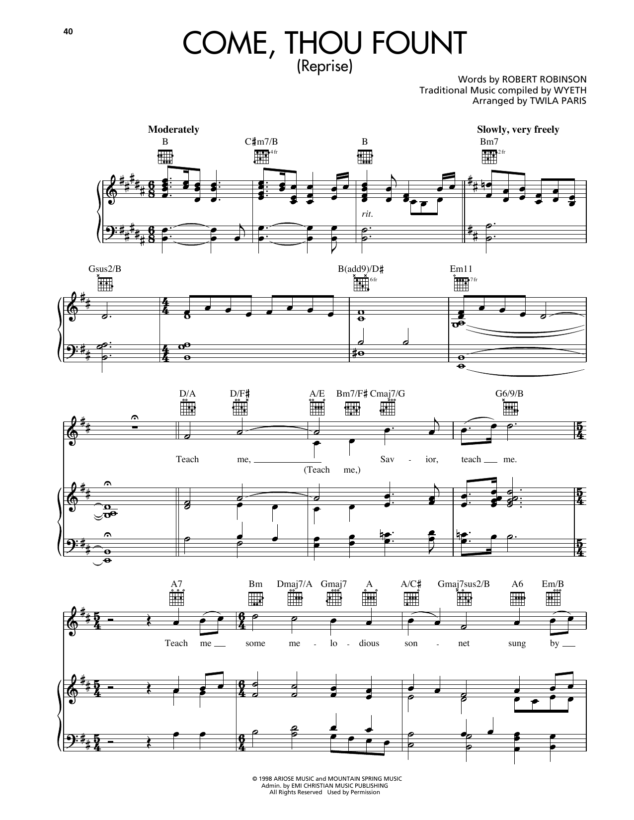 Download Twila Paris Come, Thou Fount (Reprise) Sheet Music and learn how to play Piano, Vocal & Guitar Chords (Right-Hand Melody) PDF digital score in minutes