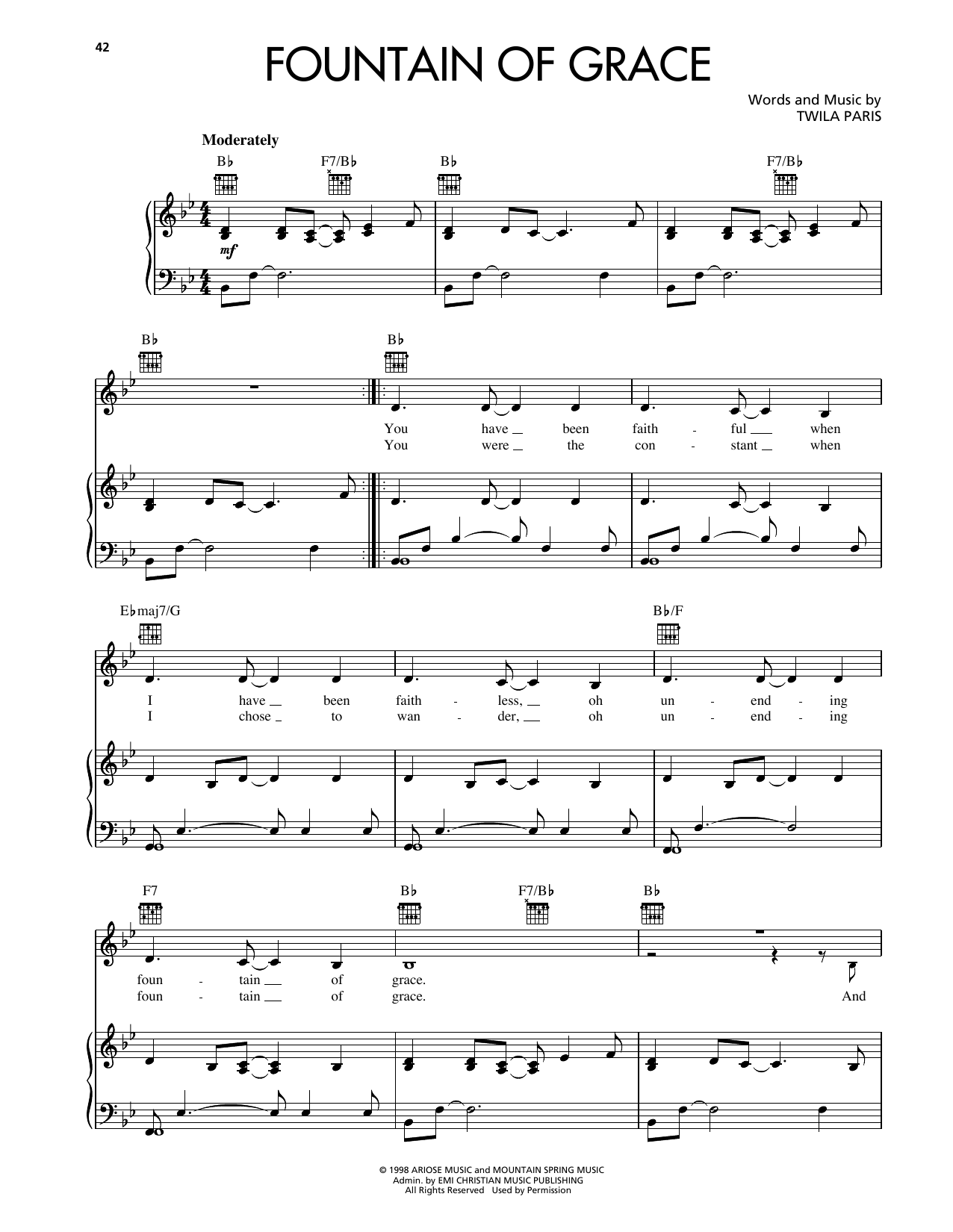 Download Twila Paris Fountain Of Grace Sheet Music and learn how to play Piano, Vocal & Guitar Chords (Right-Hand Melody) PDF digital score in minutes