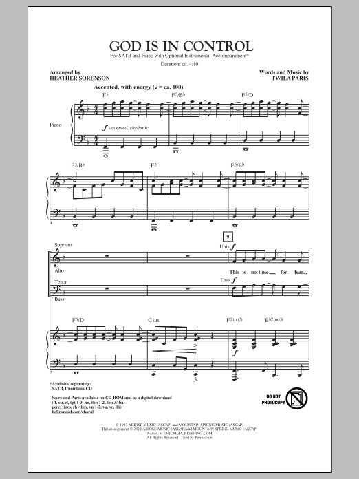 Download Heather Sorenson God Is In Control Sheet Music and learn how to play SATB PDF digital score in minutes