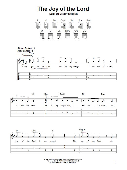 Download Twila Paris The Joy Of The Lord Sheet Music and learn how to play Easy Guitar PDF digital score in minutes