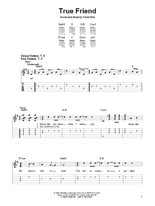 Download Twila Paris True Friend Sheet Music and learn how to play Easy Guitar PDF digital score in minutes