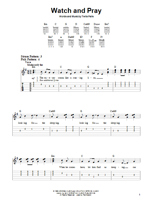 Download Twila Paris Watch And Pray Sheet Music and learn how to play Easy Guitar PDF digital score in minutes