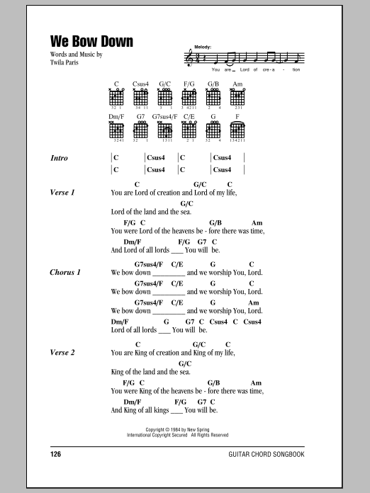 Download Twila Paris We Bow Down Sheet Music and learn how to play Lyrics & Chords PDF digital score in minutes