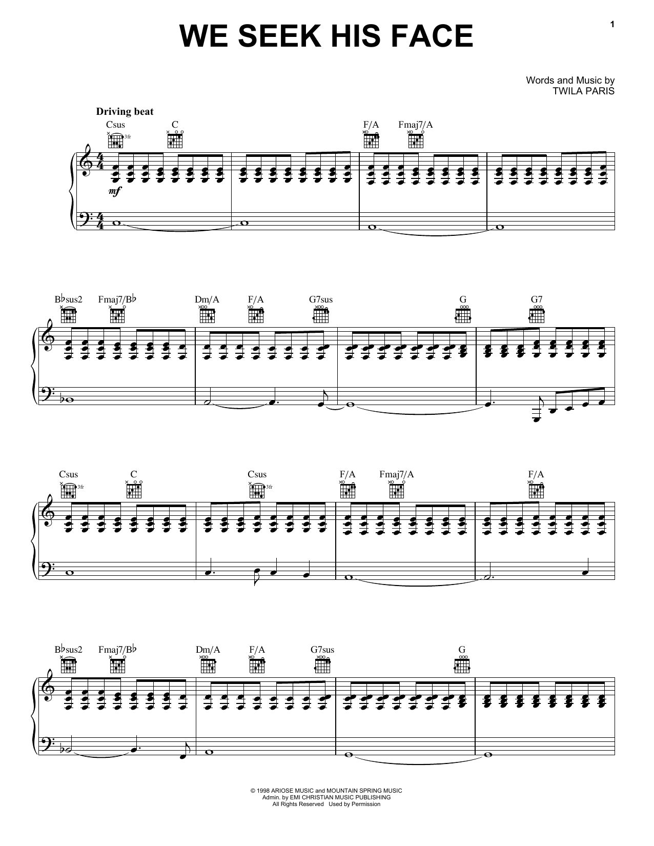 Download Twila Paris We Seek His Face Sheet Music and learn how to play Piano, Vocal & Guitar Chords (Right-Hand Melody) PDF digital score in minutes