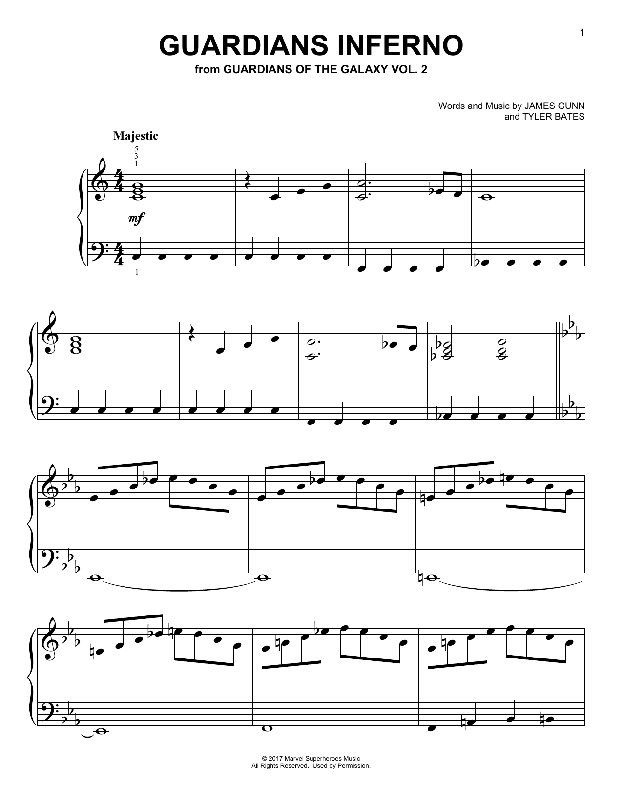 Download Tyler Bates Guardians Inferno (from Guardians Of The Galaxy) Sheet Music and learn how to play Easy Piano PDF digital score in minutes