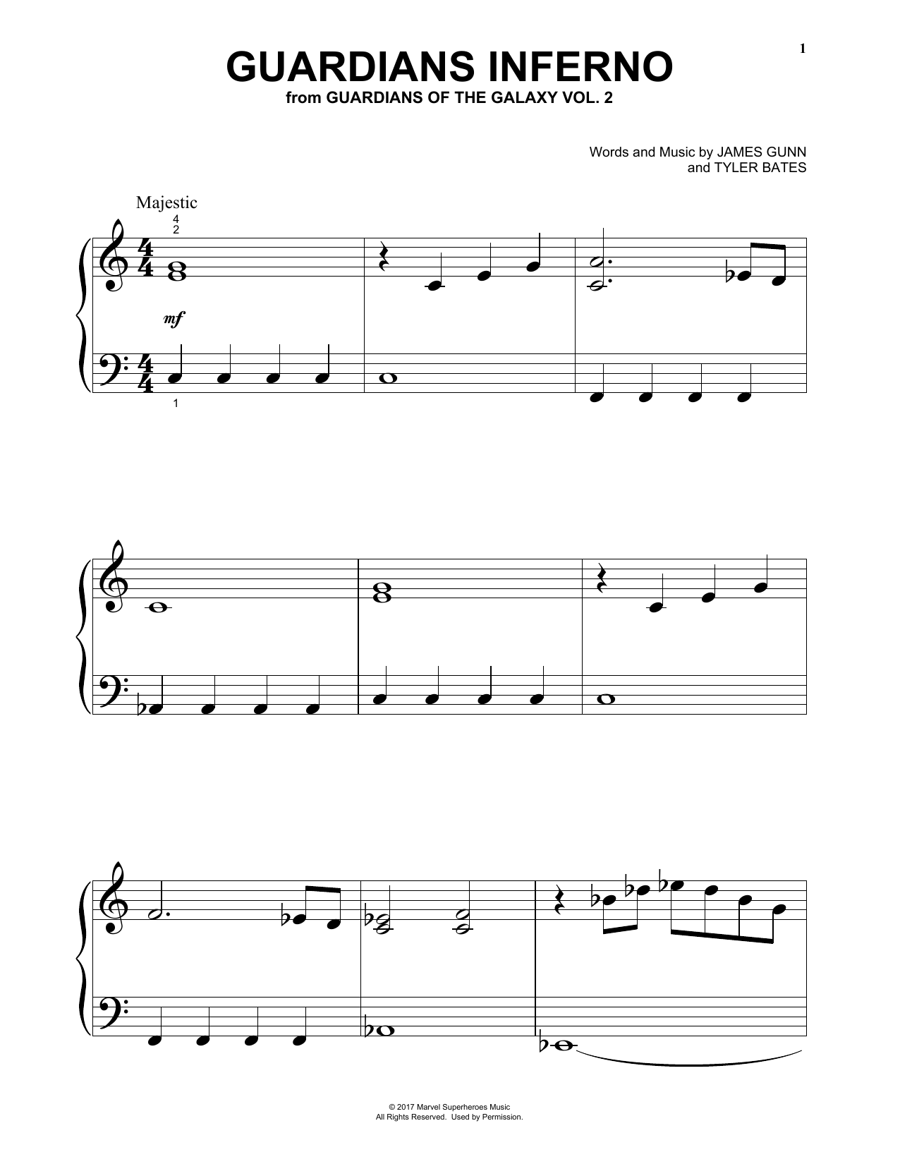 Download Tyler Bates Guardians Inferno (from Guardians Of The Galaxy Vol. 2) Sheet Music and learn how to play Big Note Piano PDF digital score in minutes