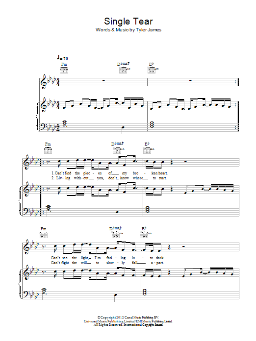 Download Tyler James Single Tear Sheet Music and learn how to play Piano, Vocal & Guitar (Right-Hand Melody) PDF digital score in minutes