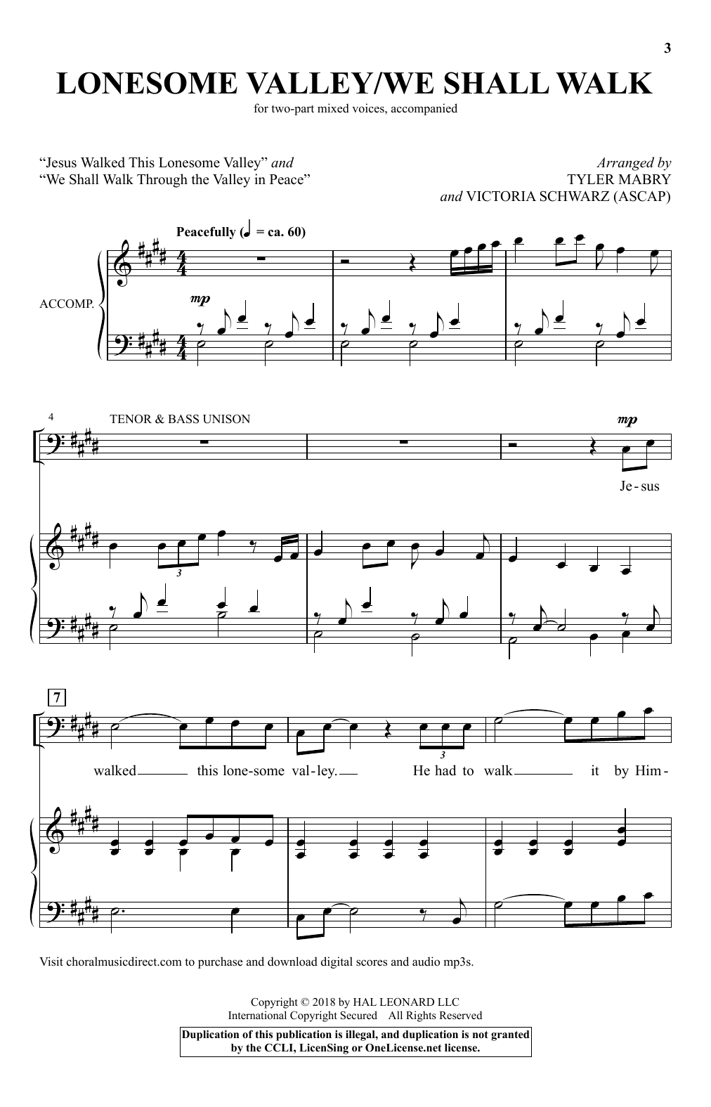 Download Tyler Mabry & Victoria Schwarz Lonesome Valley/We Shall Walk Sheet Music and learn how to play 2-Part Choir PDF digital score in minutes