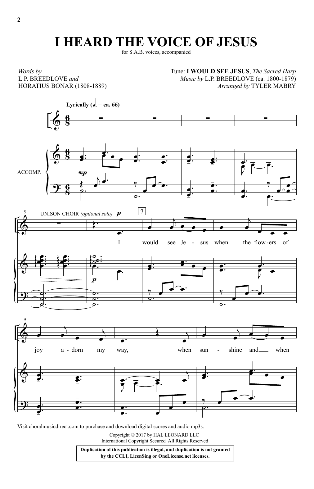 Download Tyler Mabry I Heard The Voice Of Jesus Sheet Music and learn how to play SAB PDF digital score in minutes