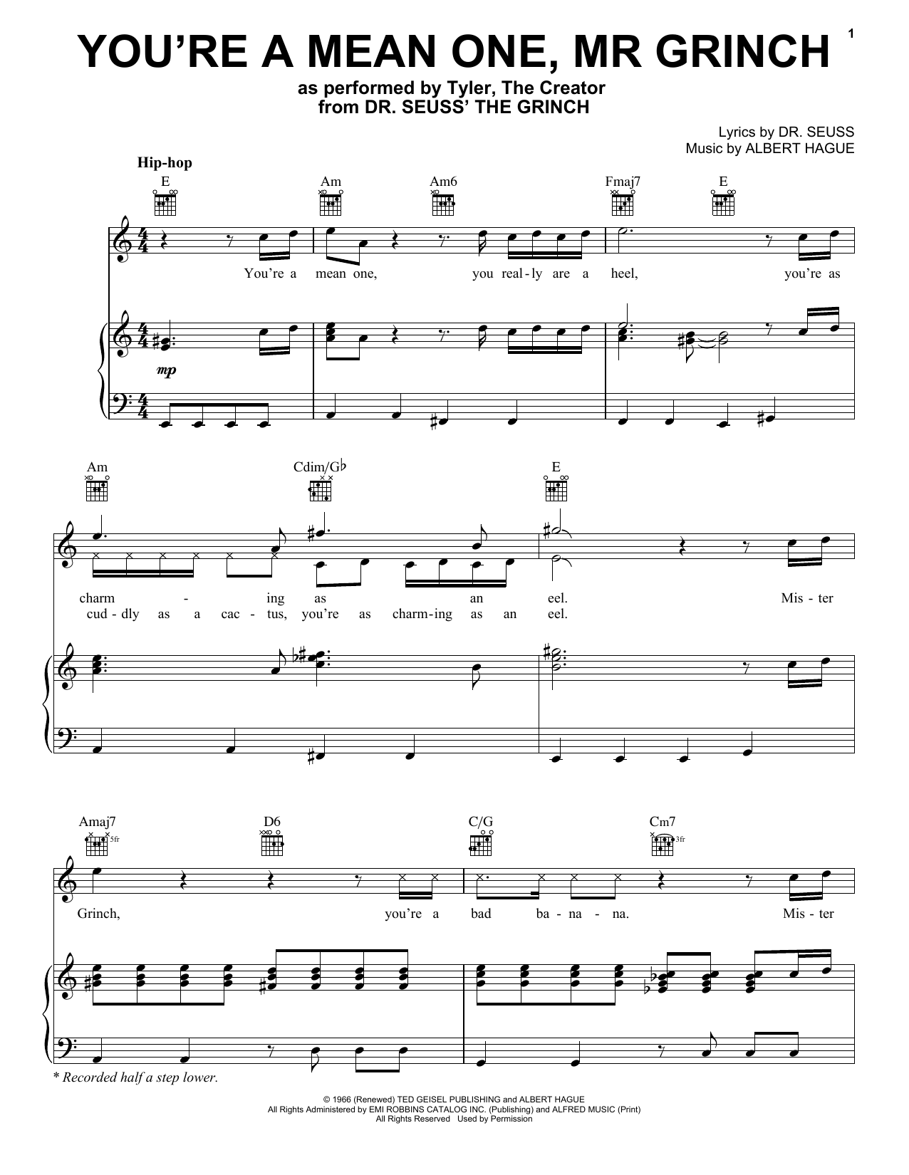 Download Tyler, The Creator You're A Mean One, Mr. Grinch (from The Grinch) Sheet Music and learn how to play Piano, Vocal & Guitar Chords (Right-Hand Melody) PDF digital score in minutes