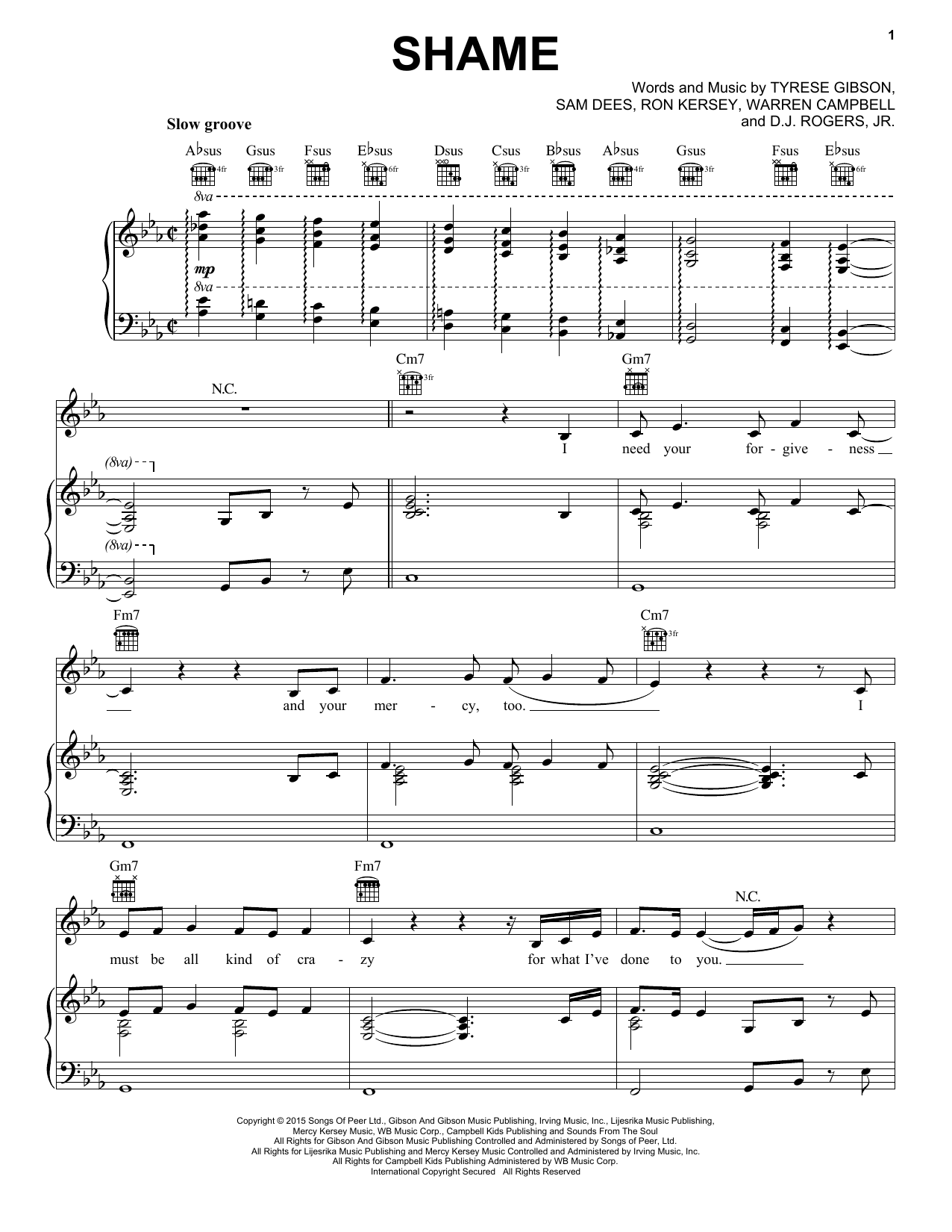 Download Tyrese Shame Sheet Music and learn how to play Piano, Vocal & Guitar (Right-Hand Melody) PDF digital score in minutes