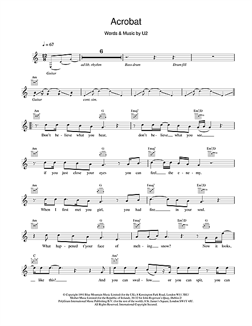 Download U2 Acrobat Sheet Music and learn how to play Melody Line, Lyrics & Chords PDF digital score in minutes