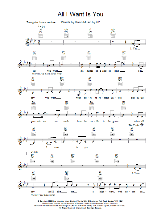 Download U2 All I Want Is You Sheet Music and learn how to play Melody Line, Lyrics & Chords PDF digital score in minutes