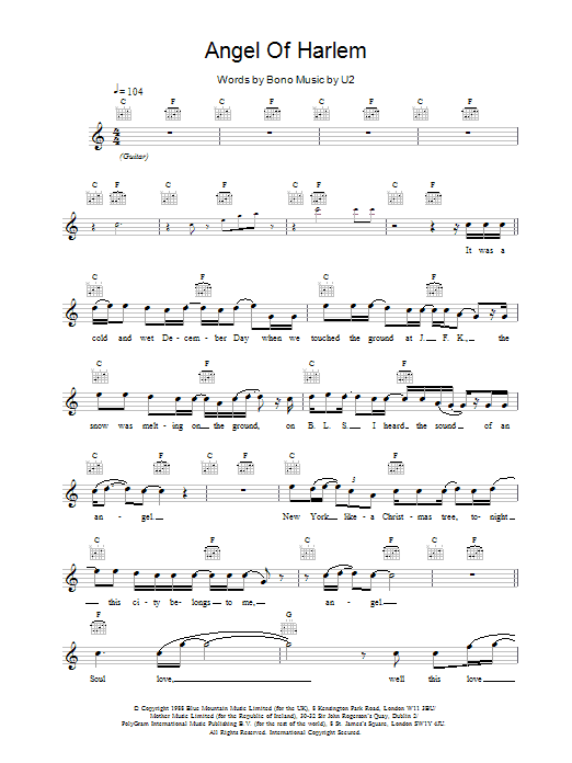 Download U2 Angel Of Harlem Sheet Music and learn how to play Piano, Vocal & Guitar (Right-Hand Melody) PDF digital score in minutes