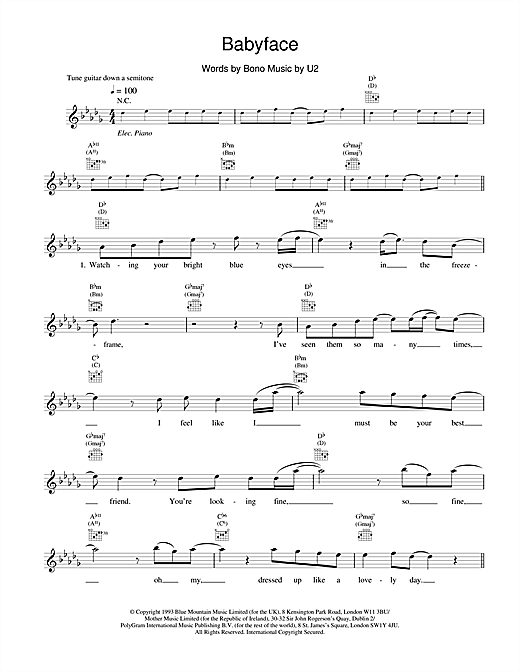 Download U2 Babyface Sheet Music and learn how to play Melody Line, Lyrics & Chords PDF digital score in minutes