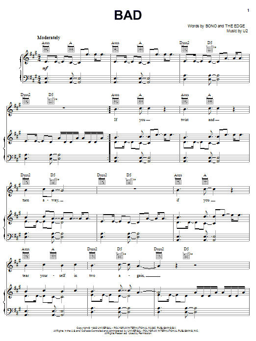 Download U2 Bad Sheet Music and learn how to play Piano, Vocal & Guitar (Right-Hand Melody) PDF digital score in minutes