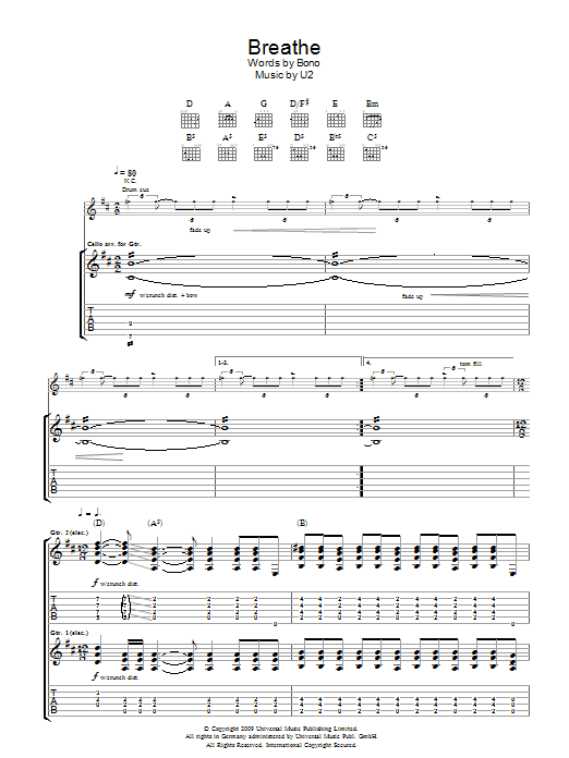 Download U2 Breathe Sheet Music and learn how to play Piano, Vocal & Guitar (Right-Hand Melody) PDF digital score in minutes