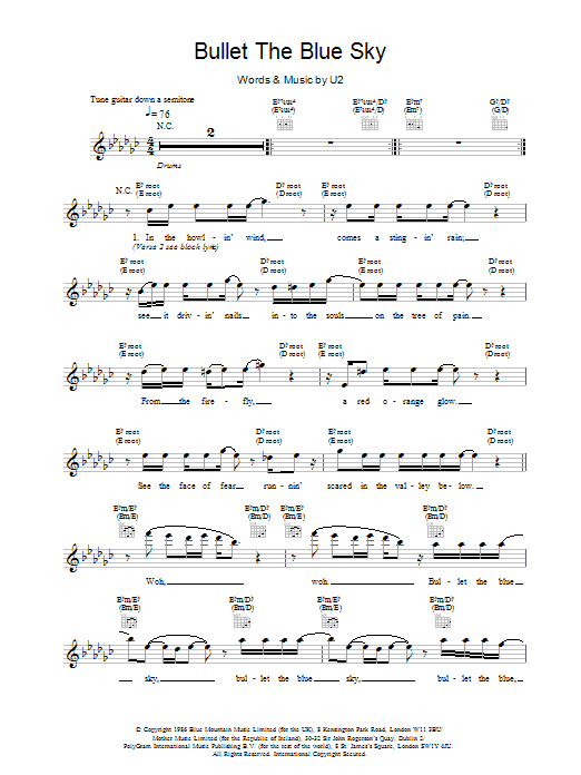 Download U2 Bullet The Blue Sky Sheet Music and learn how to play Melody Line, Lyrics & Chords PDF digital score in minutes