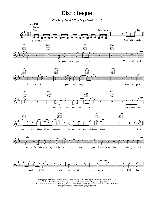 Download U2 Discotheque Sheet Music and learn how to play Melody Line, Lyrics & Chords PDF digital score in minutes