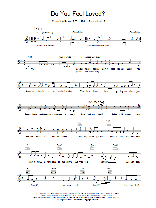 Download U2 Do You Feel Loved? Sheet Music and learn how to play Melody Line, Lyrics & Chords PDF digital score in minutes