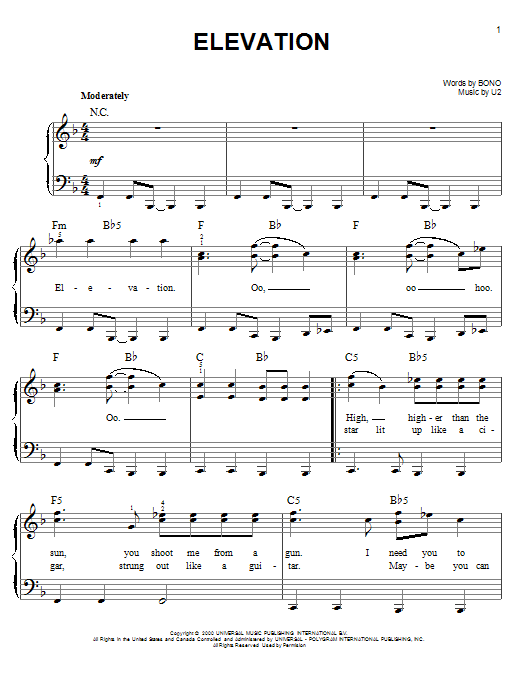 Download U2 Elevation Sheet Music and learn how to play Lyrics & Chords PDF digital score in minutes