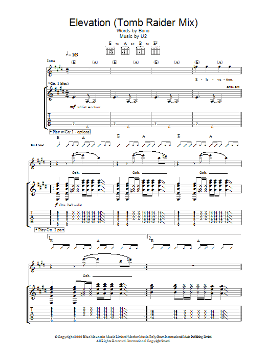 Download U2 Elevation (Tomb Raider Mix) Sheet Music and learn how to play Guitar Tab PDF digital score in minutes