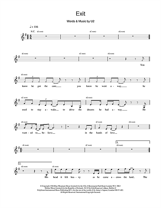 Download U2 Exit Sheet Music and learn how to play Melody Line, Lyrics & Chords PDF digital score in minutes