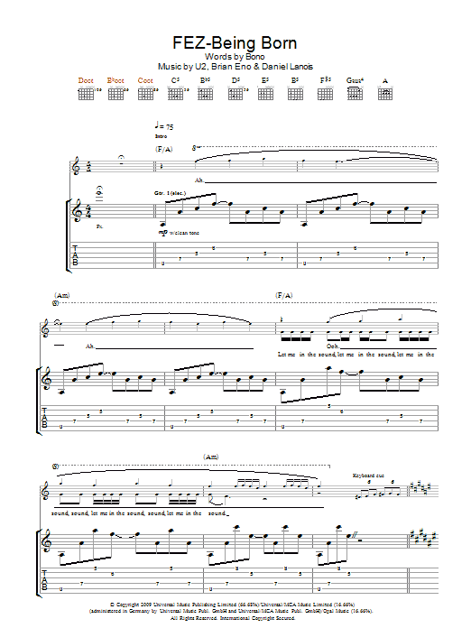 Download U2 Fez-Being Born Sheet Music and learn how to play Piano, Vocal & Guitar (Right-Hand Melody) PDF digital score in minutes