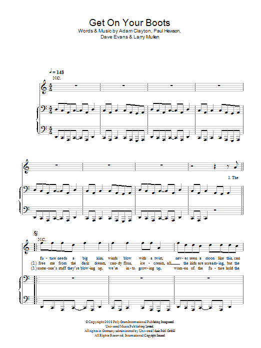 Download U2 Get On Your Boots Sheet Music and learn how to play Piano, Vocal & Guitar PDF digital score in minutes