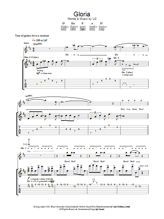 Download U2 Gloria Sheet Music and learn how to play Guitar Tab PDF digital score in minutes