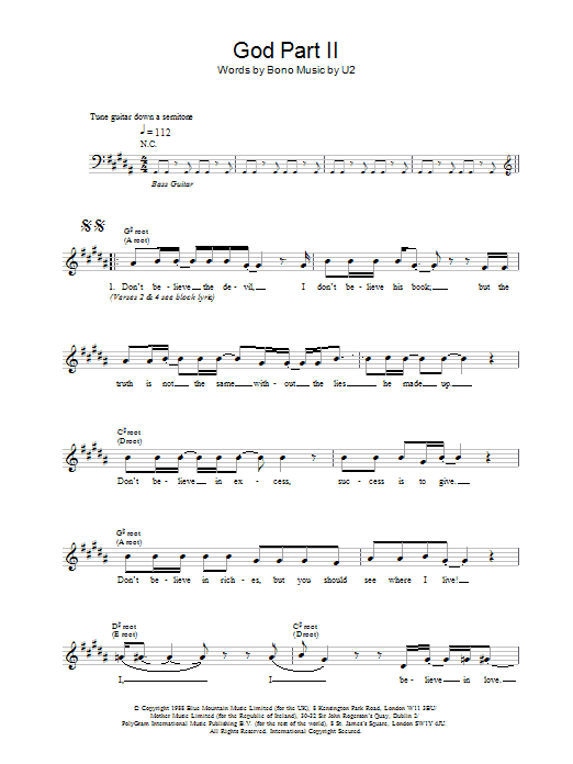 Download U2 God Part II Sheet Music and learn how to play Melody Line, Lyrics & Chords PDF digital score in minutes