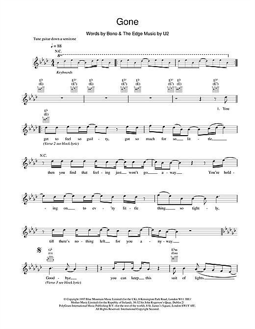 Download U2 Gone Sheet Music and learn how to play Melody Line, Lyrics & Chords PDF digital score in minutes