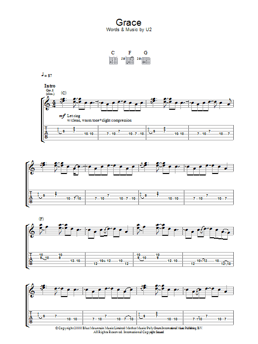 Download U2 Grace Sheet Music and learn how to play Guitar Tab PDF digital score in minutes