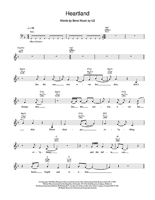 Download U2 Heartland Sheet Music and learn how to play Melody Line, Lyrics & Chords PDF digital score in minutes