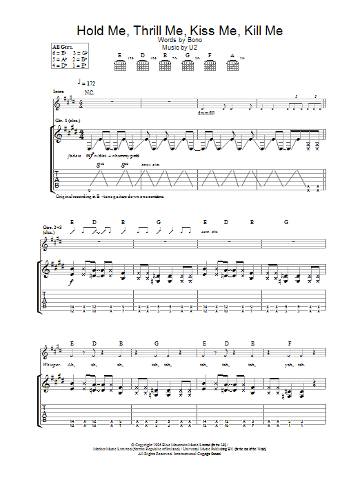 Download U2 Hold Me, Thrill Me, Kiss Me, Kill Me Sheet Music and learn how to play Piano, Vocal & Guitar (Right-Hand Melody) PDF digital score in minutes