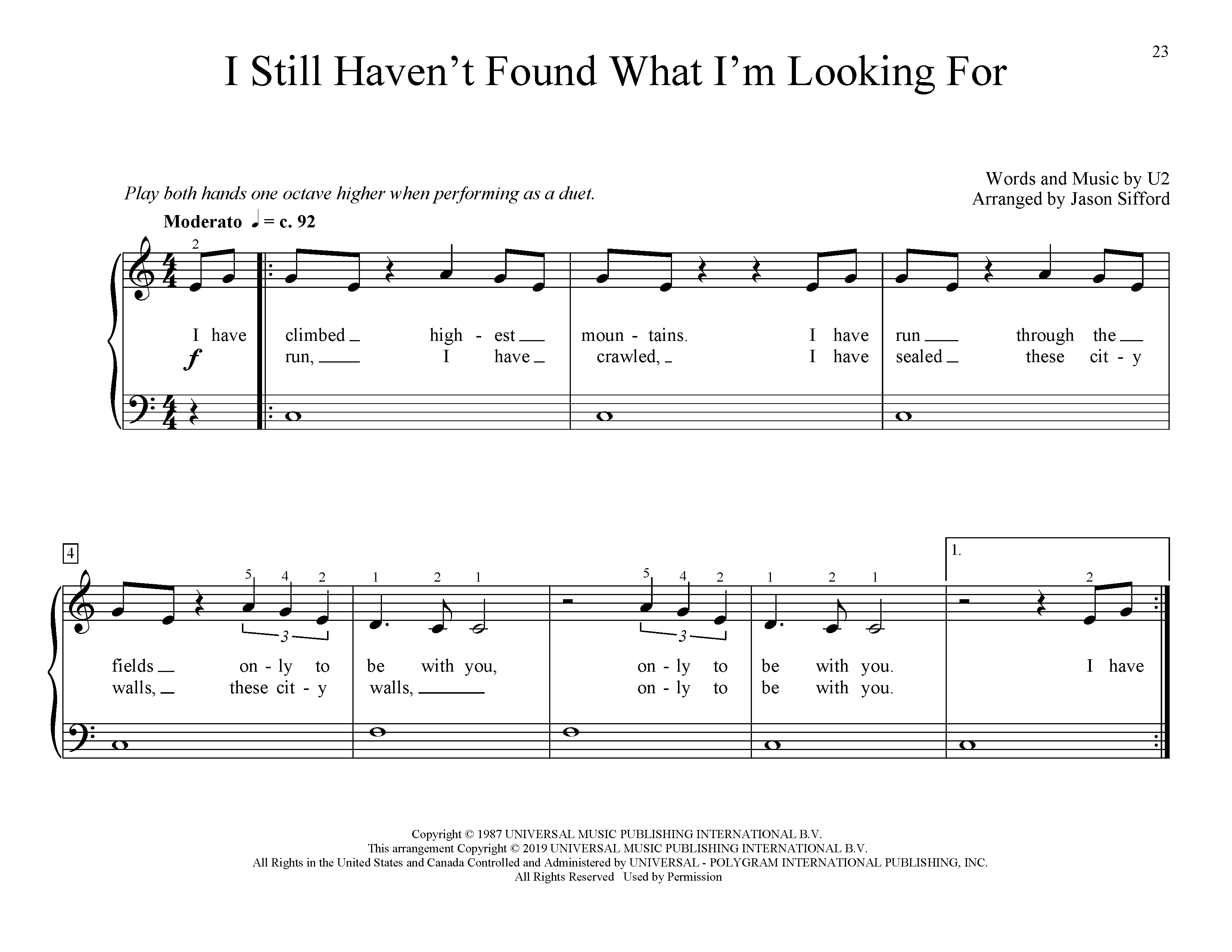 Download U2 I Still Haven't Found What I'm Looking For (arr. Jason Sifford) Sheet Music and learn how to play Educational Piano PDF digital score in minutes