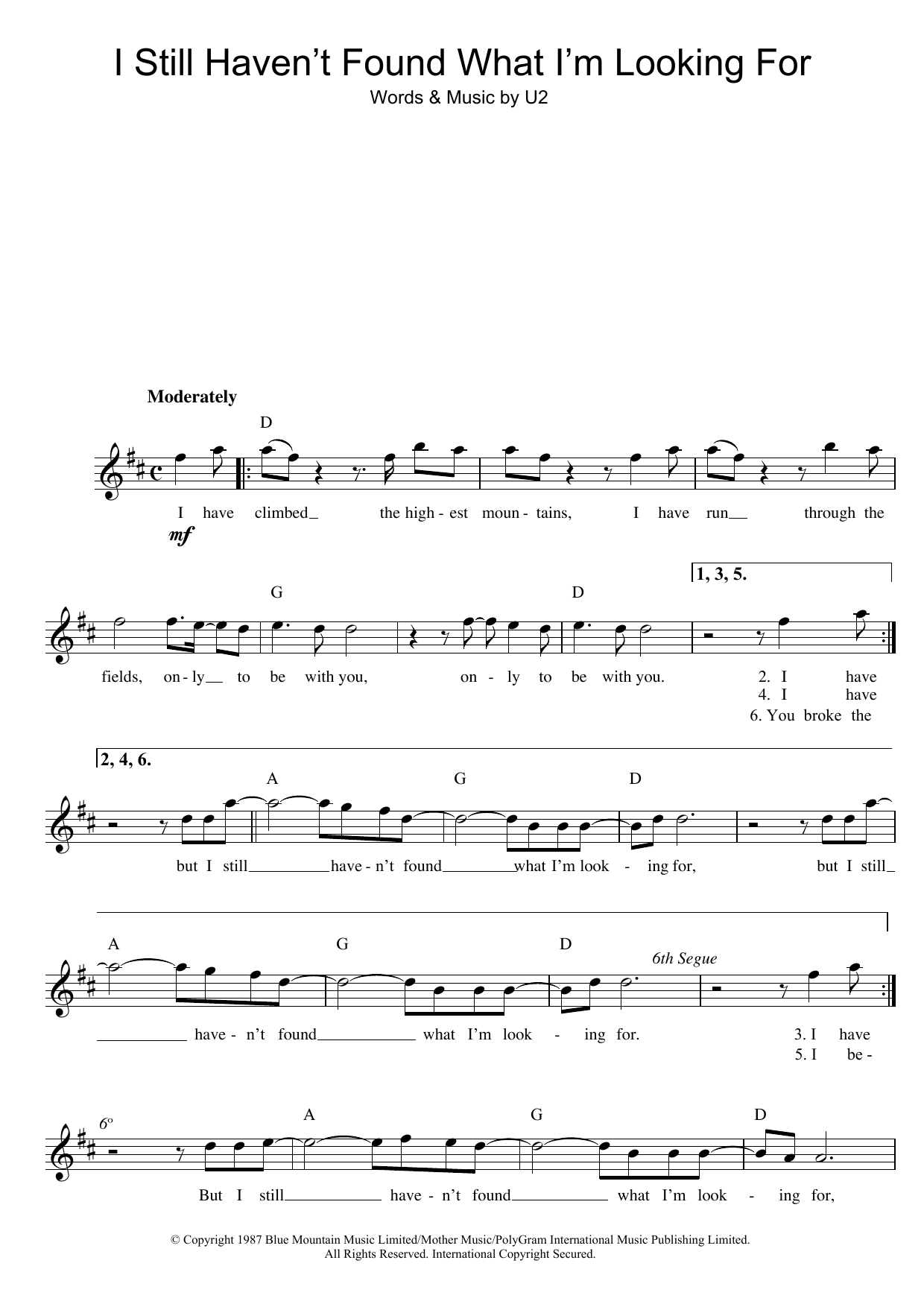 Download U2 I Still Haven't Found What I'm Looking For Sheet Music and learn how to play Piano, Vocal & Guitar (Right-Hand Melody) PDF digital score in minutes