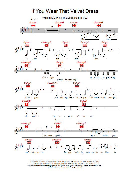Download U2 If You Wear That Velvet Dress Sheet Music and learn how to play Melody Line, Lyrics & Chords PDF digital score in minutes