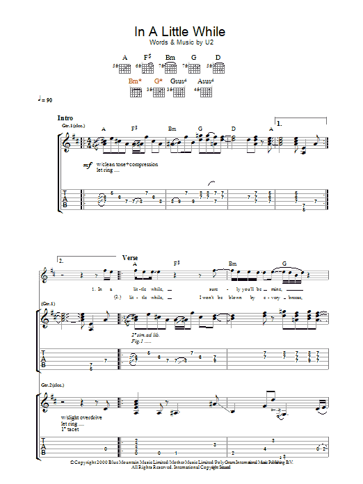 Download U2 In A Little While Sheet Music and learn how to play Lyrics & Chords PDF digital score in minutes