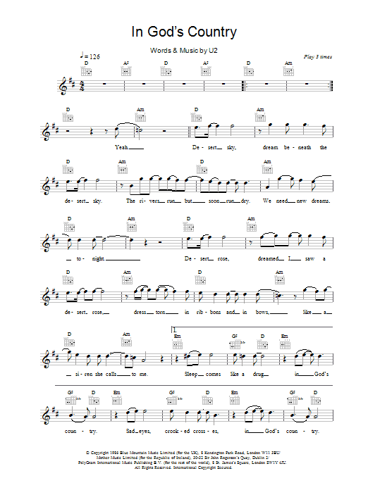 Download U2 In God's Country Sheet Music and learn how to play Guitar Tab PDF digital score in minutes