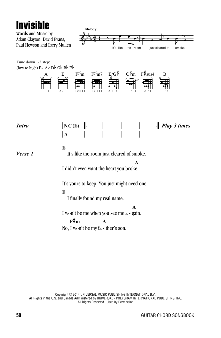 Download U2 Invisible Sheet Music and learn how to play Piano, Vocal & Guitar (Right-Hand Melody) PDF digital score in minutes