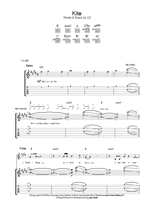 Download U2 Kite Sheet Music and learn how to play Guitar Tab PDF digital score in minutes