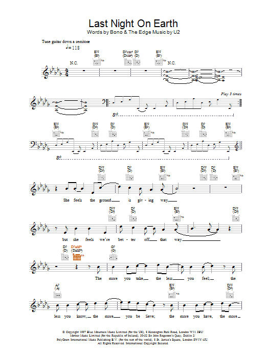 Download U2 Last Night On Earth Sheet Music and learn how to play Melody Line, Lyrics & Chords PDF digital score in minutes