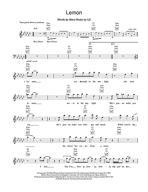 Download U2 Lemon Sheet Music and learn how to play Melody Line, Lyrics & Chords PDF digital score in minutes