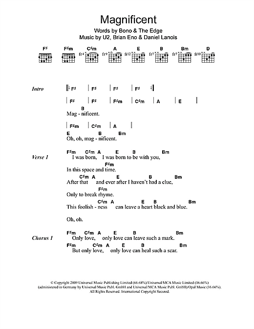 Download U2 Magnificent Sheet Music and learn how to play Piano, Vocal & Guitar (Right-Hand Melody) PDF digital score in minutes