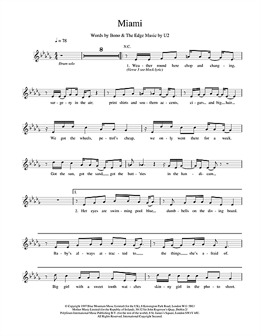 Download U2 Miami Sheet Music and learn how to play Melody Line, Lyrics & Chords PDF digital score in minutes